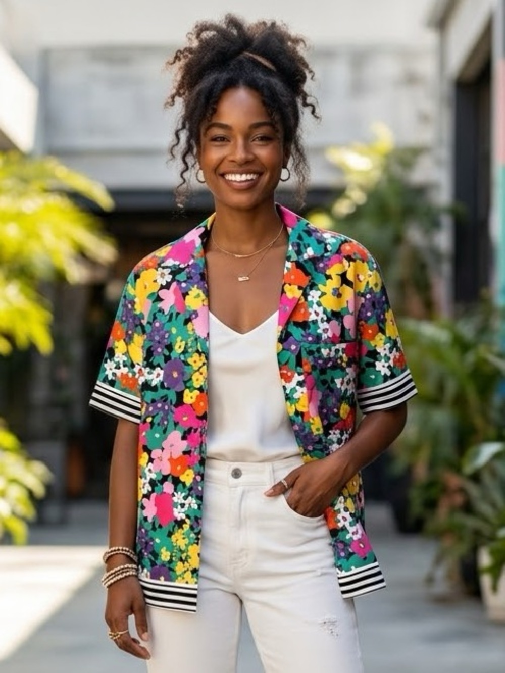 AFRM Abstract Floral Camp Shirt with Striped Hem Multicolor S